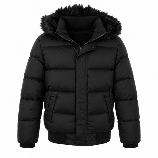 Matte Black Puffer Coat With Fur