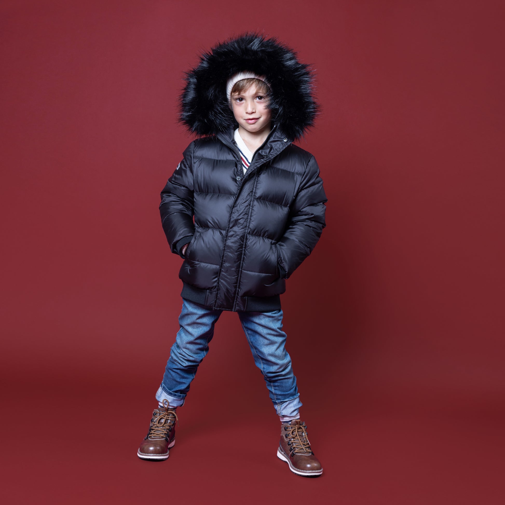 Matte Black Puffer Coat With Fur – Minilli - Main Image