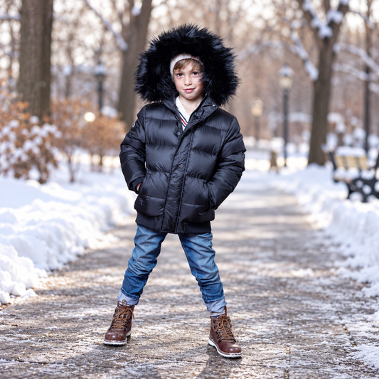 Matte Black Puffer Coat With Fur