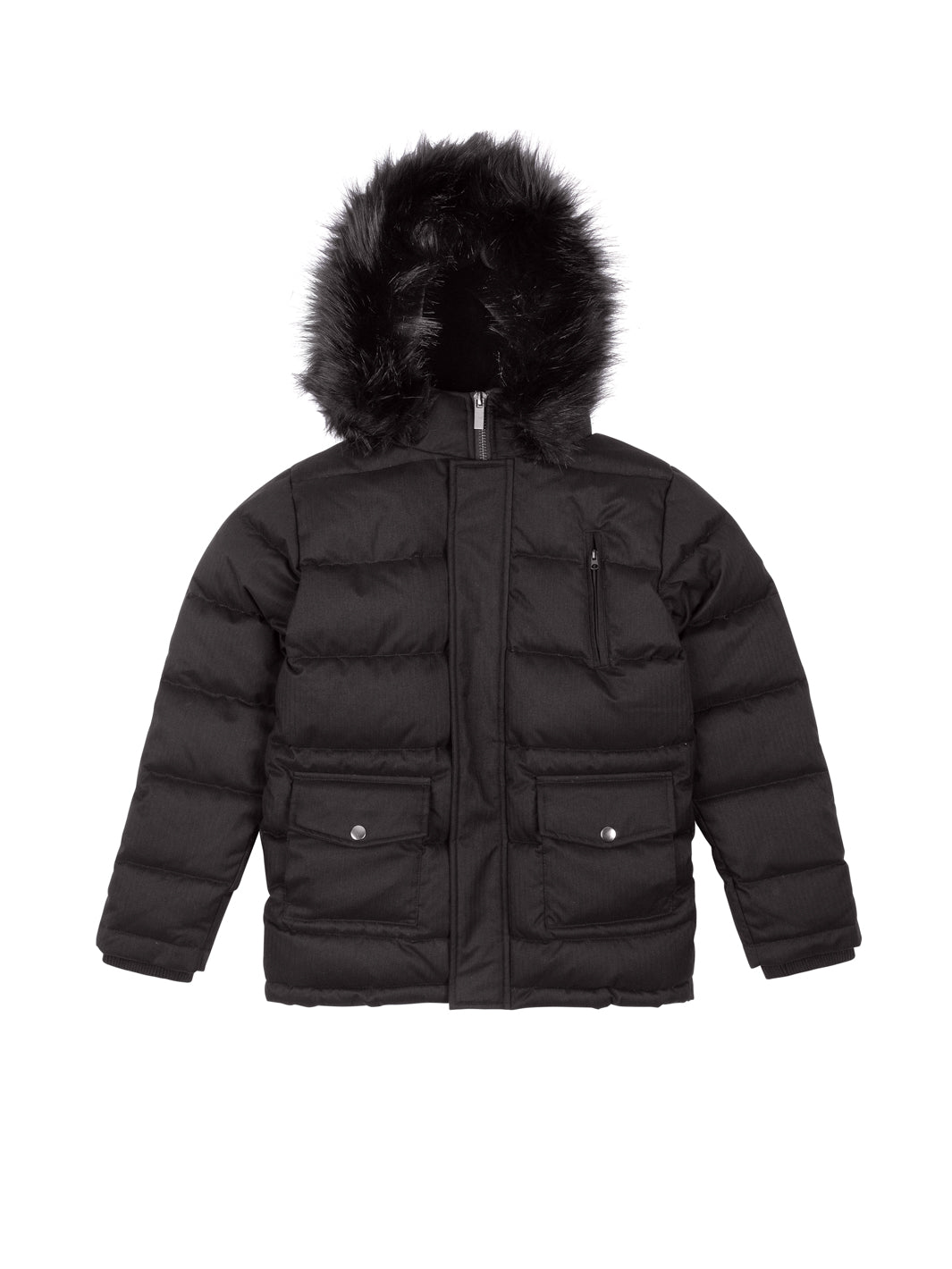 Black Patch Pocket Puffer Coat with Black Fur