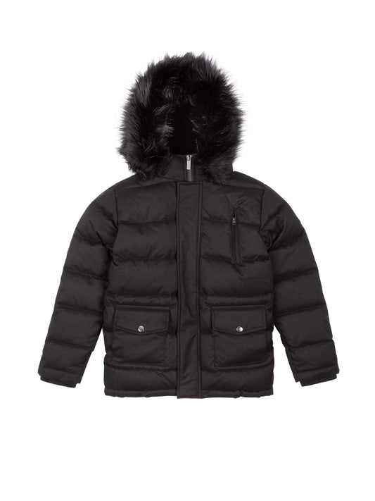 Black Patch Pocket Puffer Coat with Black Fur