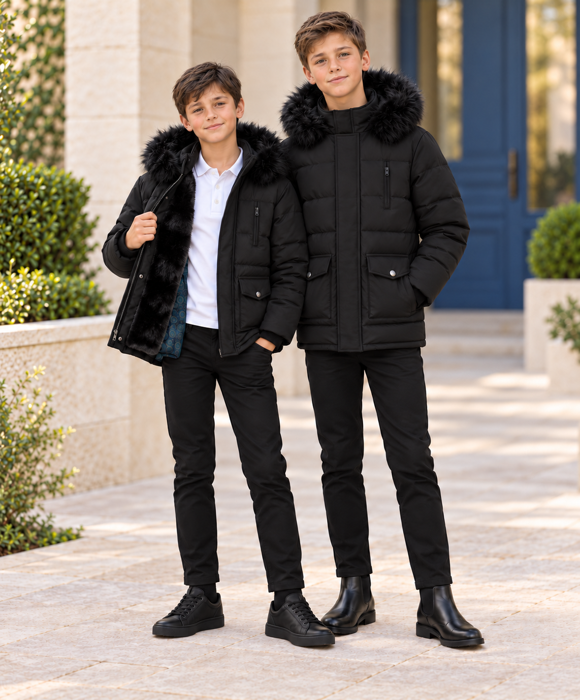 Black Patch Pocket Puffer Coat with Black Fur