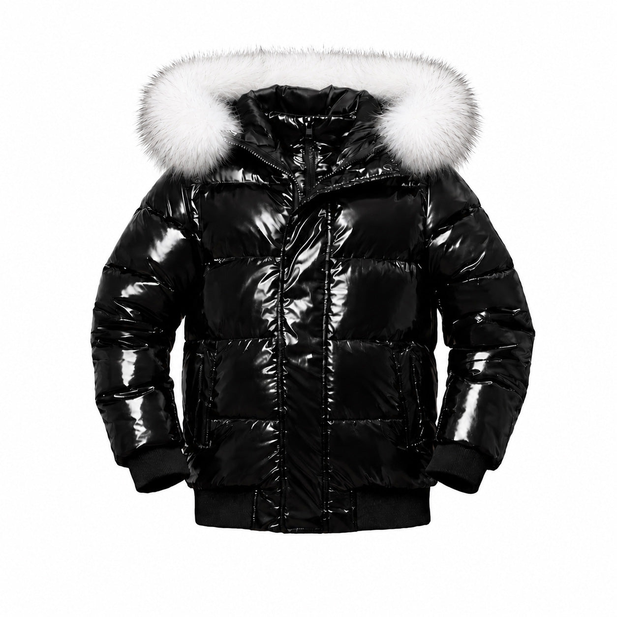 Shiny Black Puffer Coat with Fur