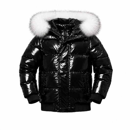 Shiny Black Puffer Coat with Fur